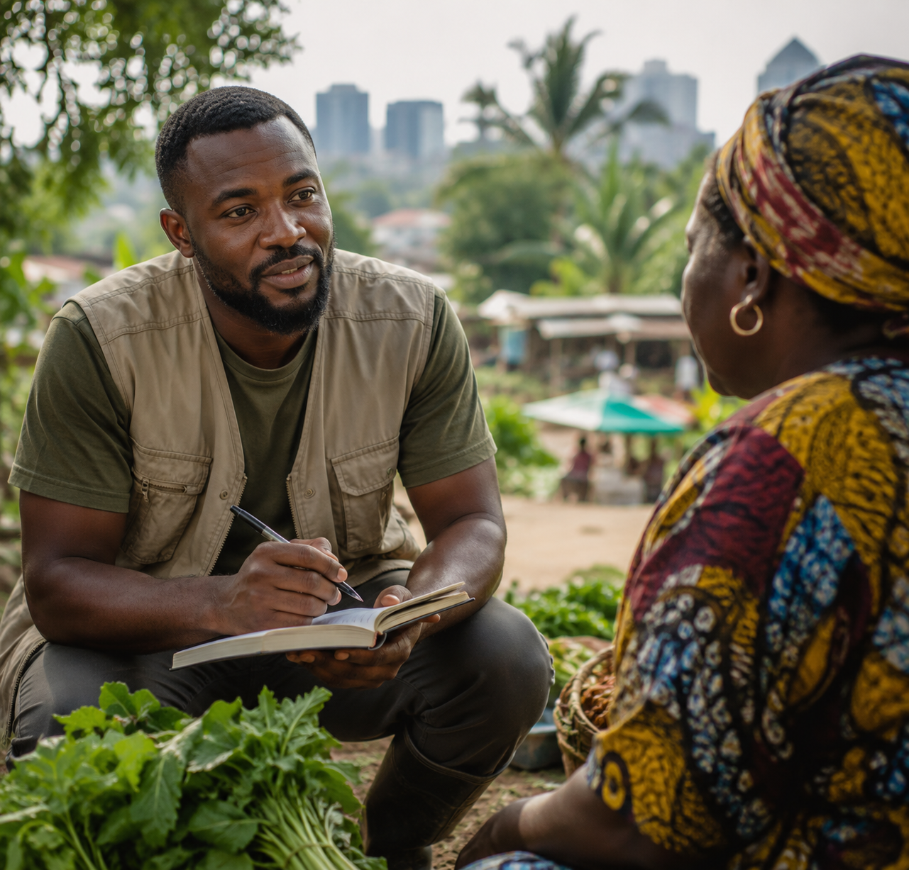 KylAfrica researcher in conversation with a market trader, green surroundings and city skyline behind
