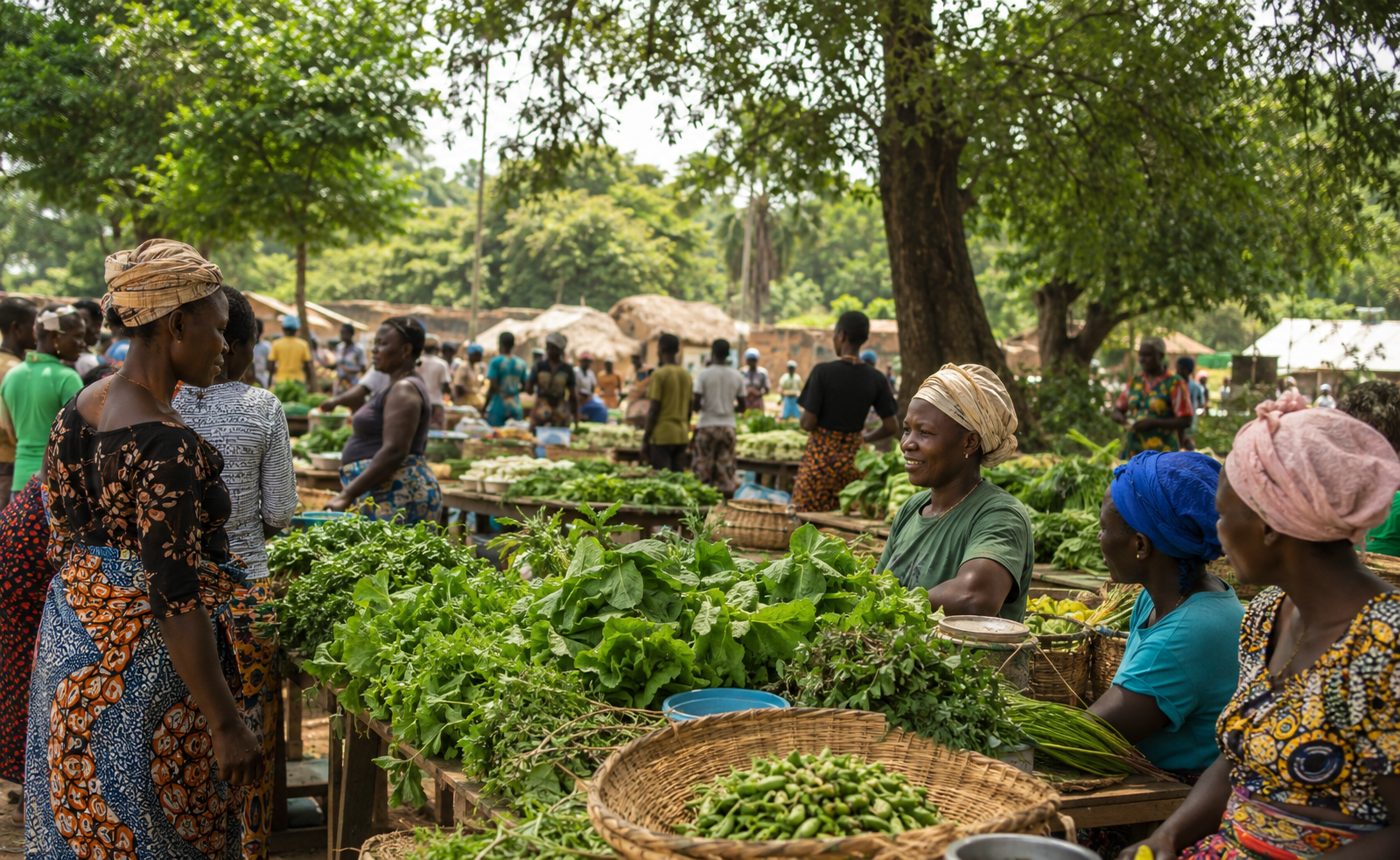 Vibrant green vegetable market, West Africa