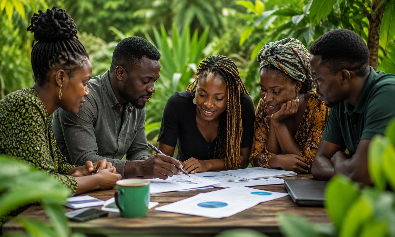 KylAfrica team reviewing research charts outdoors